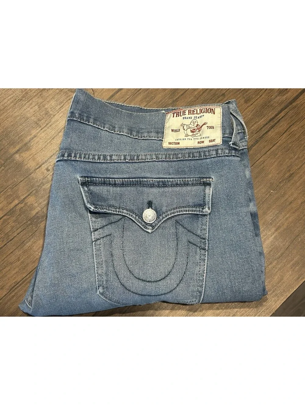 True Religion Ricky Relaxed Straight Jeans Mens 38 Light Wash Flap Pocket Denim